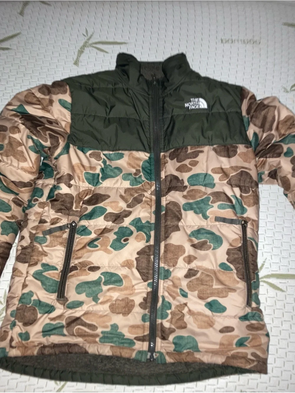 The North Face Boy's Camo Puffer Jacket in Green and Tan